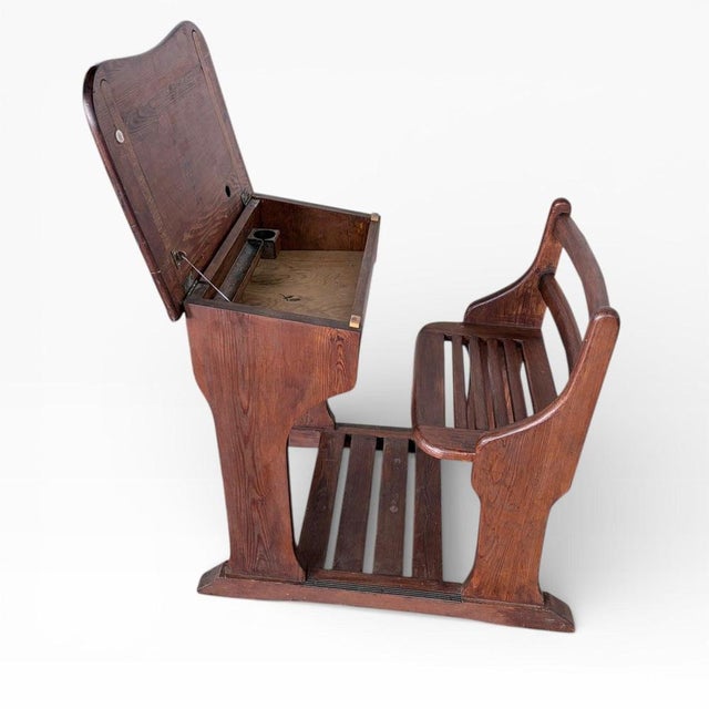 Antique Pine School Desk with Attached Bench For Sale - Image 4 of 10