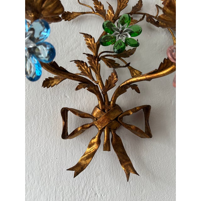 Maison Baguès Style Multicolor Prisms Crystal Flowers Tole Bow Sconces, C 1930 For Sale - Image 6 of 8