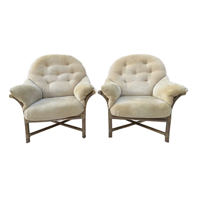Pair of Vintage McGuire San Francisco Rattan & Rawhide Lounge Chairs For Sale