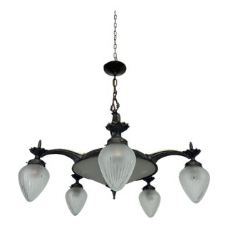 Vintage Cubist Bronze Chandelier, 1930s For Sale