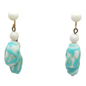 Vintage Signed Napier White & Turquoise Art Glass Drops Clip Earrings - 2 Pieces