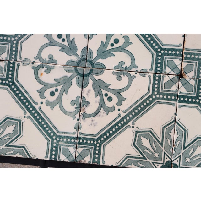 Art Deco Tiles Set of 8 Large Portuguese Sage Green & White Floral Geometric Design c.1920s For Sale - Image 10 of 16