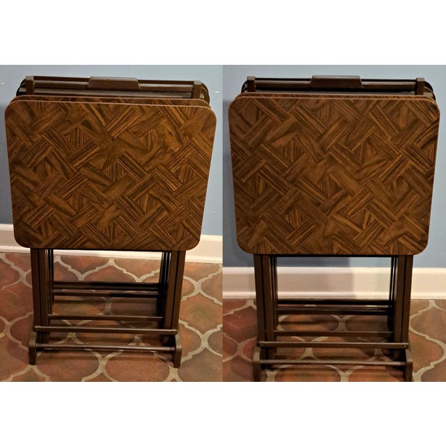 Wood Mid-Century Modern Parquet Wood Tv Tray Tables, Set of 5 With Stand For Sale - Image 7 of 13