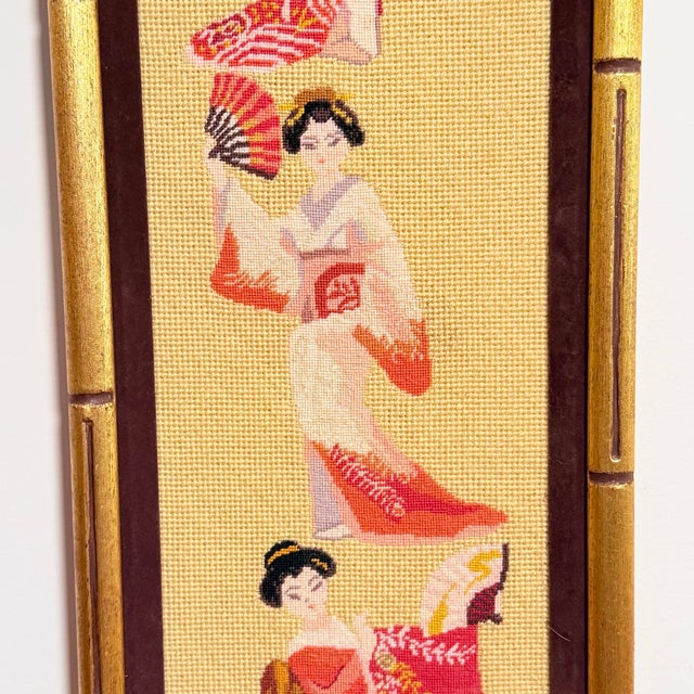 Chinoiserie Vintage Geisha Needlepoint Panel — Three Figures in Kimono, Gilt Bamboo Frame, Chinoiserie For Sale - Image 3 of 8