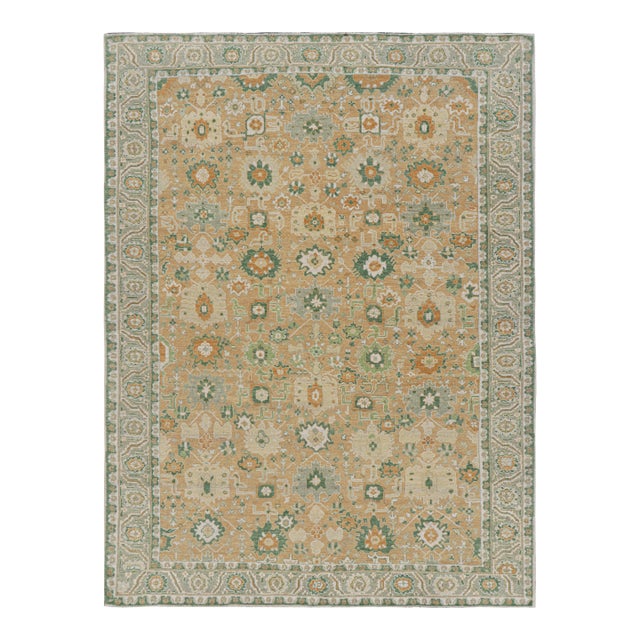 Rug & Kilim’s Oushak Style Rug in Beige-Brown and Green Floral Patterns For Sale