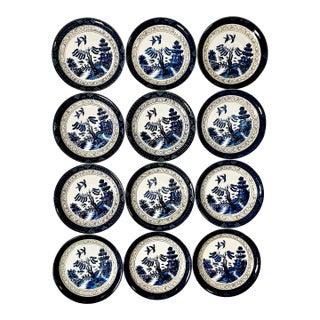 1940s Vintage Japanese Chinoiserie Hollywood Regency Blue Willow Small Plates - Set of 12 For Sale