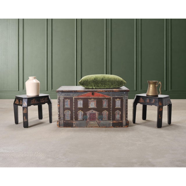 A charming English country folk art painted pine trunk or blanket chest, hand-decorated with a weathered architectural...