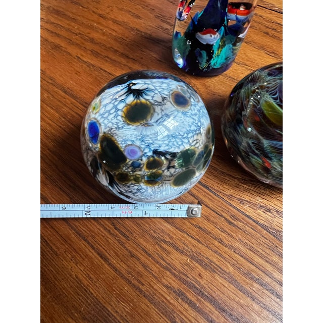 Abstract Vintage Trio of Dark Blue and Green Glass Paperweights For Sale - Image 3 of 12