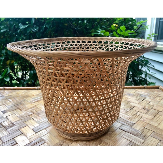 Geometric Open Weave Pedestal Basket Urn in Natural Woven Wicker Rattan