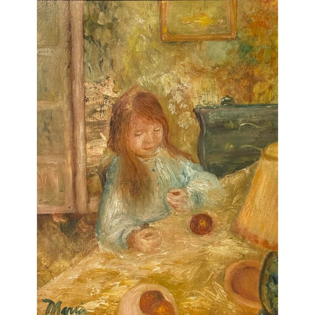 A beautifully executed mid-century oil painting titled “At the Beach,” rendered in a soft impressionist manner with a...