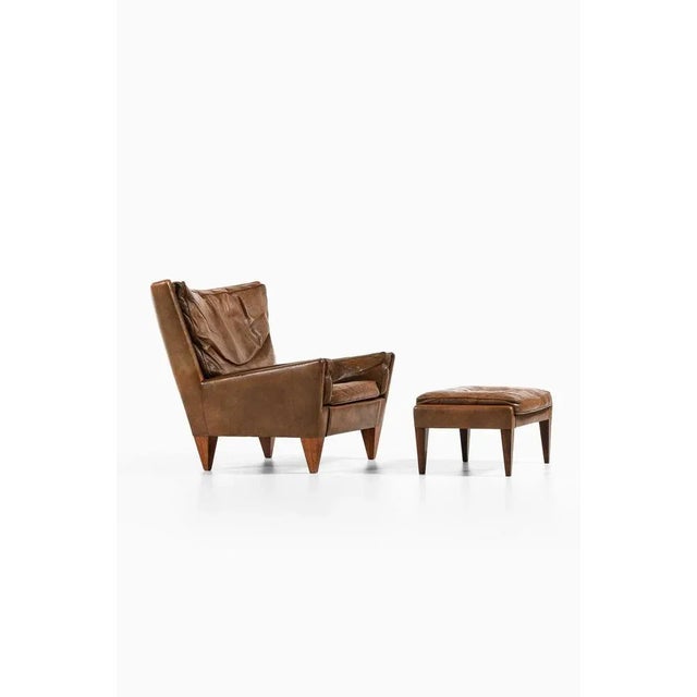 Set of Lounge Chair and Stool in Rosewood and Brown Leather attributed to Illum Wikkelsø, 1960s For Sale - Image 3 of 11