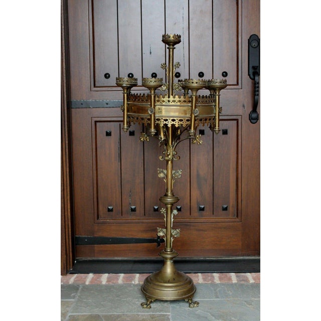 Antique French Large Brass Gothic Church Paschal Altar Candelabra