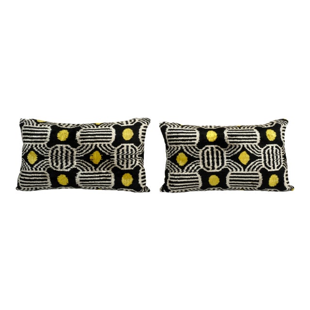 Gold Silk Ikat Velvet Pillow Cover - a Pair For Sale
