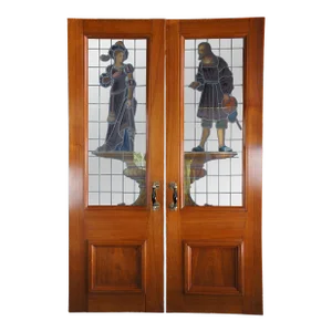 Antique 19th Century Neo-Renaissance Figural Leaded Stained Glass Mahogany Doors - a Pair