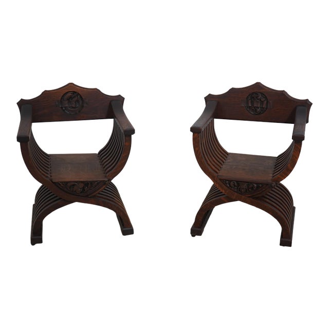 Pair Hale & Kilburn Antique Oak Savonarola Style Carved Chairs For Sale