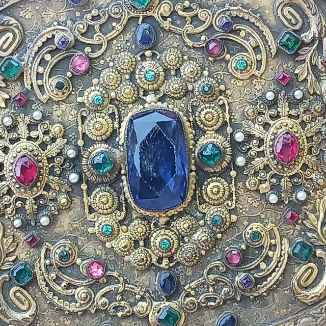 1950s Grand Scale Jeweled Brass Hand Mirror - Hollywood Regency Filigree For Sale - Image 4 of 11