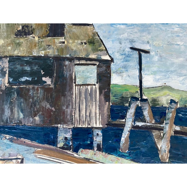 Yellow Mid Century Oil Painting Coastal Boat Yard by California Regionist Artist, Signed & Framed For Sale - Image 8 of 11