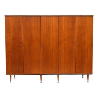 Five-Door Teak Wardrobe with Hanging Section and Shelves For Sale