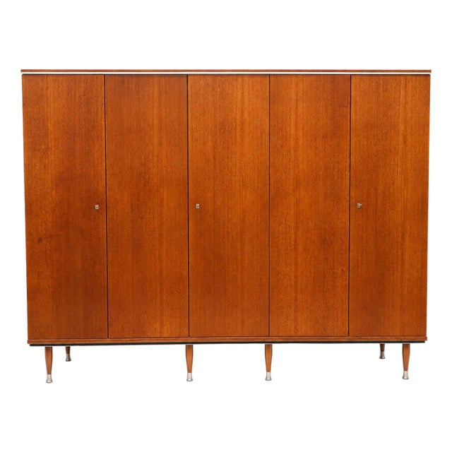 Five-Door Teak Wardrobe with Hanging Section and Shelves For Sale