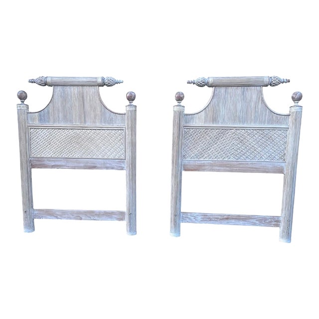 Late 20th Century Pair of Pencil Reed Bamboo Pagoda Twin Headboards White Washed. For Sale