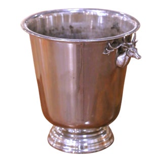 Mid-Century French Silvered Brass Champagne Bucket With Stag Heads For Sale