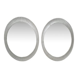 1980 Pair Decorative Oval Fluted Silver Sunburst Wall Mirrors Mid-Century Modern For Sale