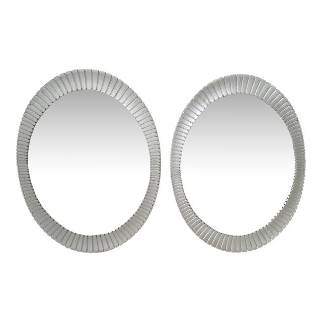 1980 Pair Decorative Oval Fluted Silver Sunburst Wall Mirrors Mid-Century Modern For Sale