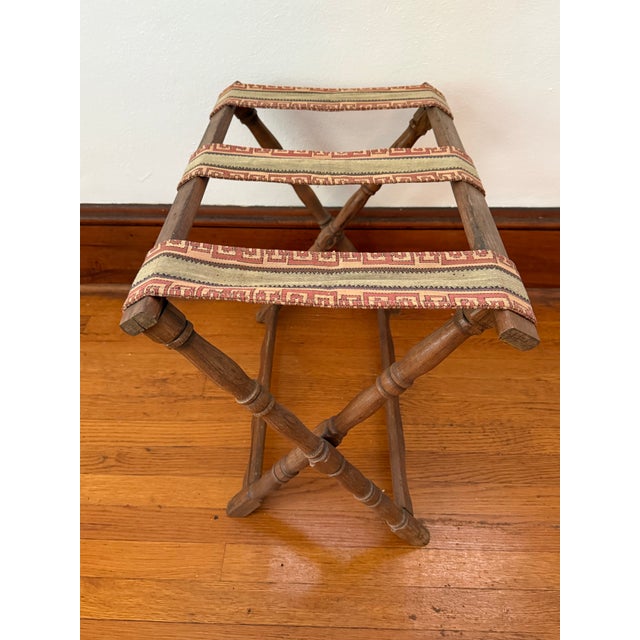 Vintage Turned Wood Folding Luggage Rack With Greek Key Tapestry Straps For Sale - Image 6 of 9