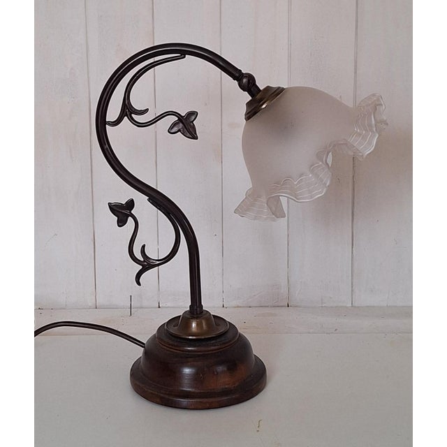 Vintage Table Lamp with Patinated Brass Frame on Maple Base and Adjustable Decorated Glass Shade, 1970s, in Very Good...