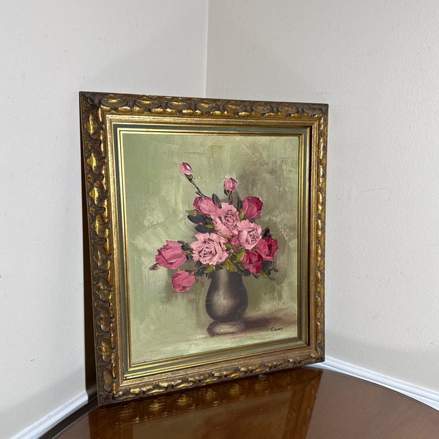 Vintage Oil Still Life Pink Roses Painting Framed Signed "Am For Sale - Image 4 of 7