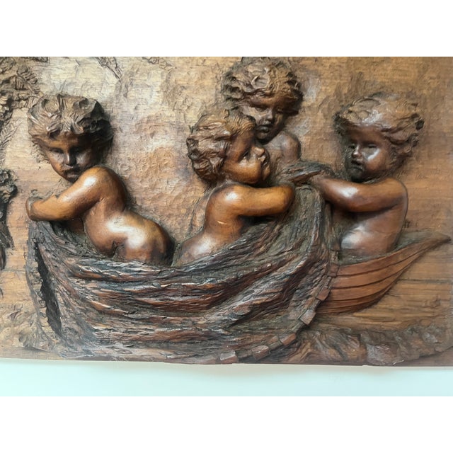 Brown 19th C. Continental Hand-Carved High Relief Putti & Boat Wood Wall Panel For Sale - Image 8 of 12