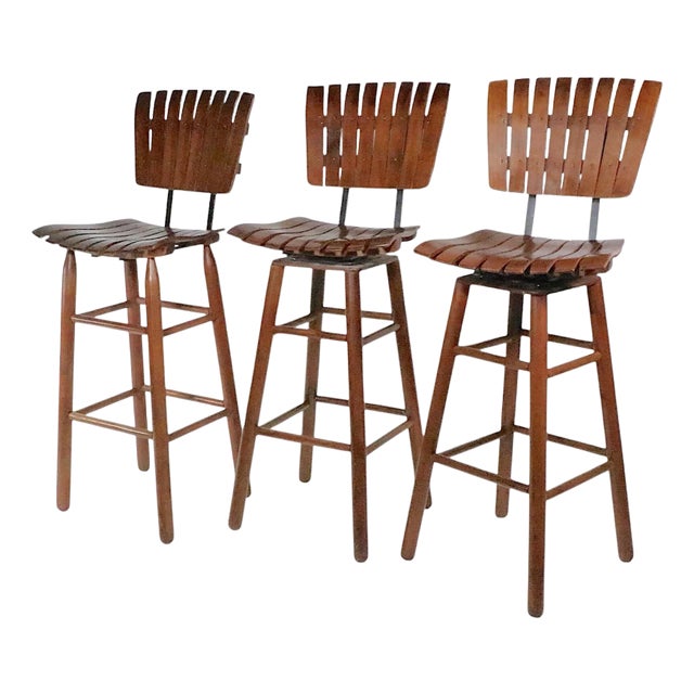 Mid 20th Century Set of 3 Wood Slat and Wrought Iron Bar Stools Attributed to Umanoff For Sale