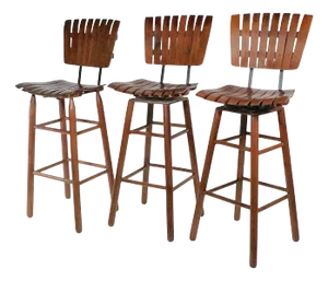 Mid 20th Century Set of 3 Wood Slat and Wrought Iron Bar Stools Attributed to Umanoff