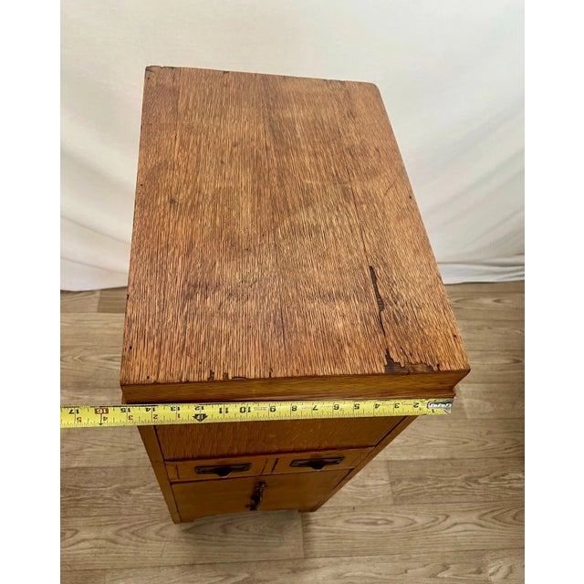 1910s Antique File Cabinet Tilt Open Top Index Card Drawers Paneled Sides Casters For Sale - Image 10 of 12