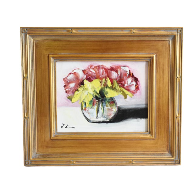 Early 21st Century Red & Yellow Bouquet Flowers in Vase Oil Painting Including the Antiqued Gold Wood Frame For Sale - Image 5 of 7