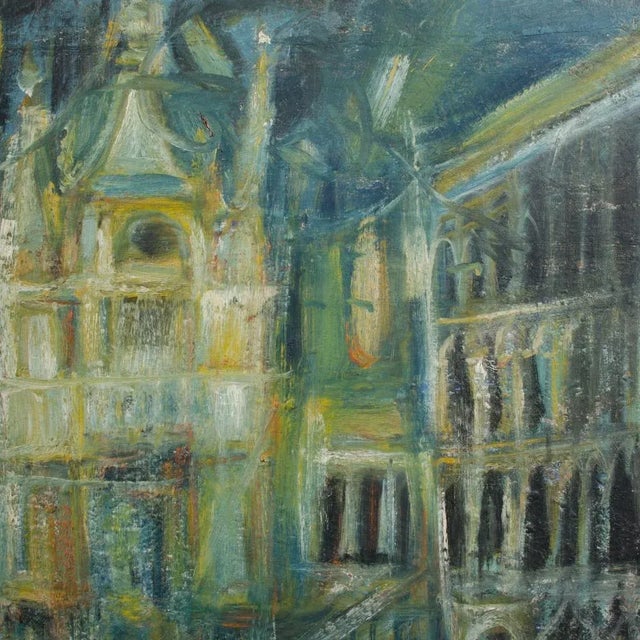 Mid 20th Century A Large Oil on Masonite Painting Depicting a City View Painting Featuring a Clock Tower. Unsigned. For Sale - Image 5 of 12