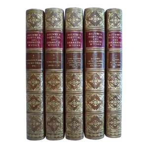 Mid 19th Century Decorative Leather Volume Set, The Poetical and Dramatic Works of Sir Edward Bulwer Lytton - 5 Books