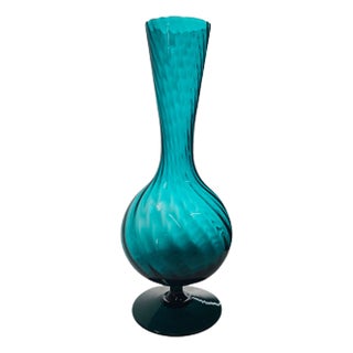 Italian Empoli Teal Turquoise Blue Optic Swirl Vase 13” Pedestal Base Art Glass For Sale