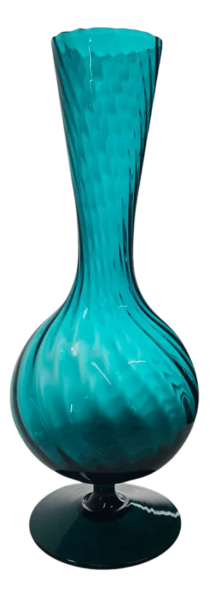 Italian Empoli Teal Turquoise Blue Optic Swirl Vase 13” Pedestal Base Art Glass