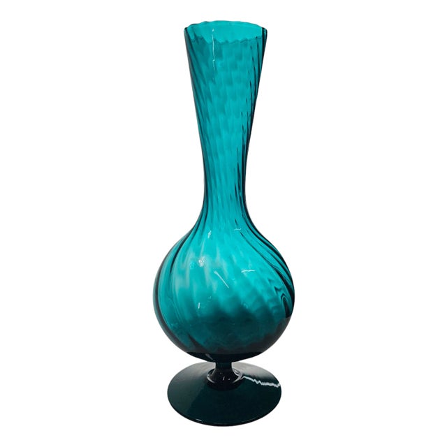 Vintage Italian Empoli Optic Swirl Vase – 13” Teal Blue Art Glass With Pedestal For Sale