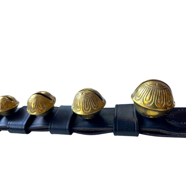 1990s Vintage Amish Moses Smucker Seven Brass Sleigh Bells on Black Leather Strap Door Hanger For Sale - Image 5 of 8