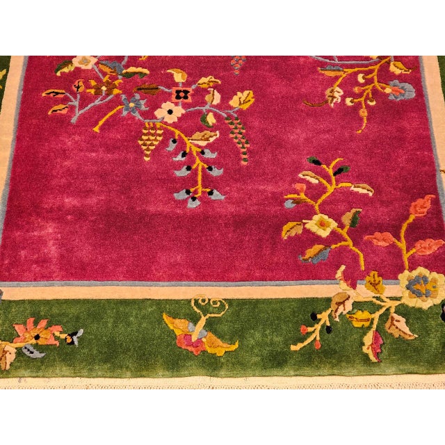 Vintage Chinese Art Deco Area Rug, Handwoven Wool Pile, Floral Design, 4' x 6' For Sale - Image 18 of 18