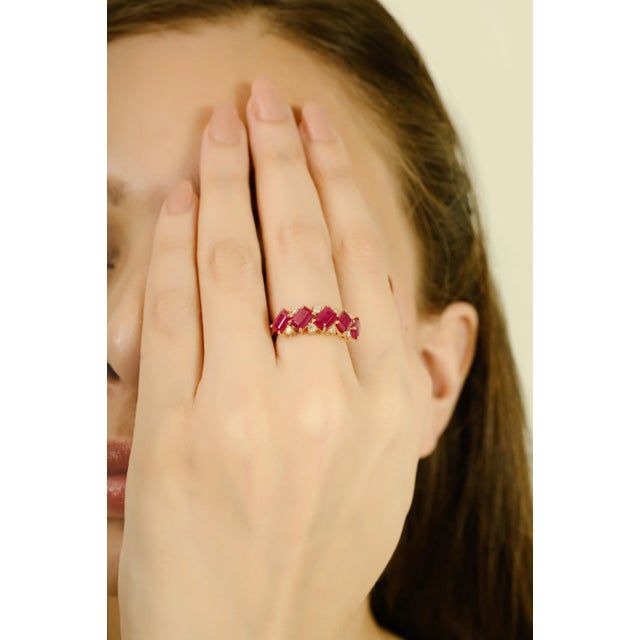 14k Gold Octagon Cut Five Stone Ruby Diamond Cluster Ring Size 7 For Sale In New York - Image 6 of 11