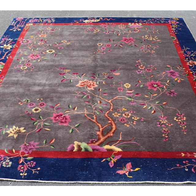 Antique Art Deco Rug in Soft Grey Field With Navy Blue and Red Border For Sale - Image 12 of 14