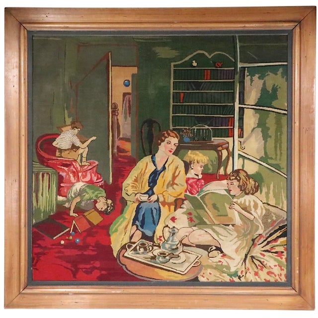 Victorian Style Framed Needlepoint Depicting a Family Parlor Scene For Sale - Image 4 of 9