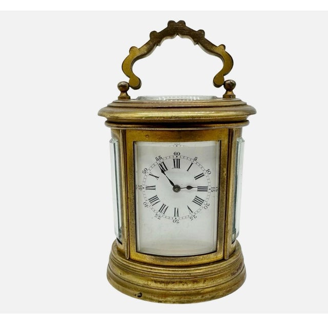 Antique French Oval Brass Carriage Clock With Travel Case For Sale - Image 10 of 14