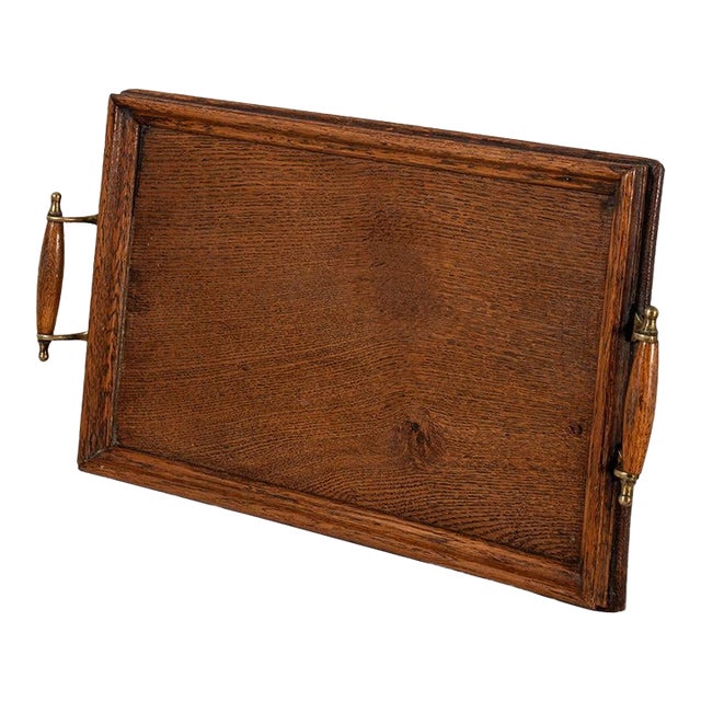 Vintage English Oak Handled Tray With Brass Details For Sale