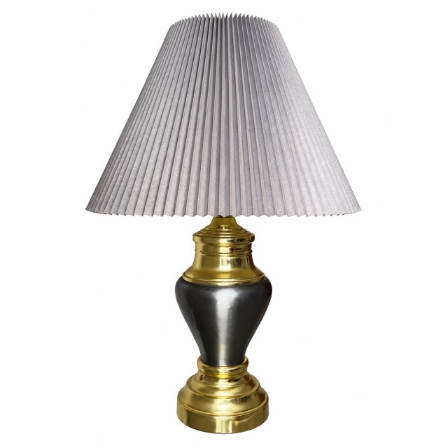 Hollywood Regency Vintage Black and Gold-Tone Urn Table Lamp With Pleated Shade For Sale - Image 3 of 9