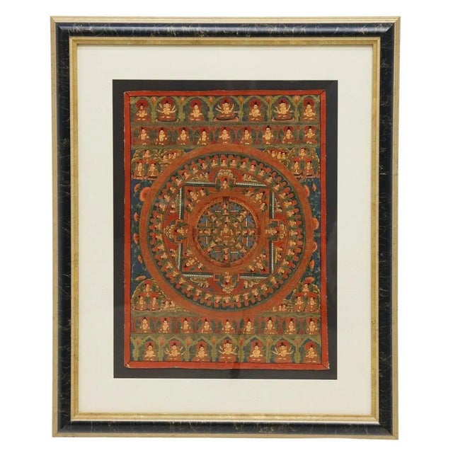 Boho Chic 1950s Hand Painted Tibetan Buddhist Mandala Thangka on Cloth, Framed For Sale - Image 3 of 4
