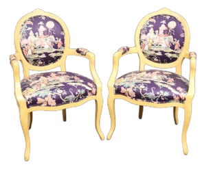 Century Louis XV Style Open Arm Chairs/Pair